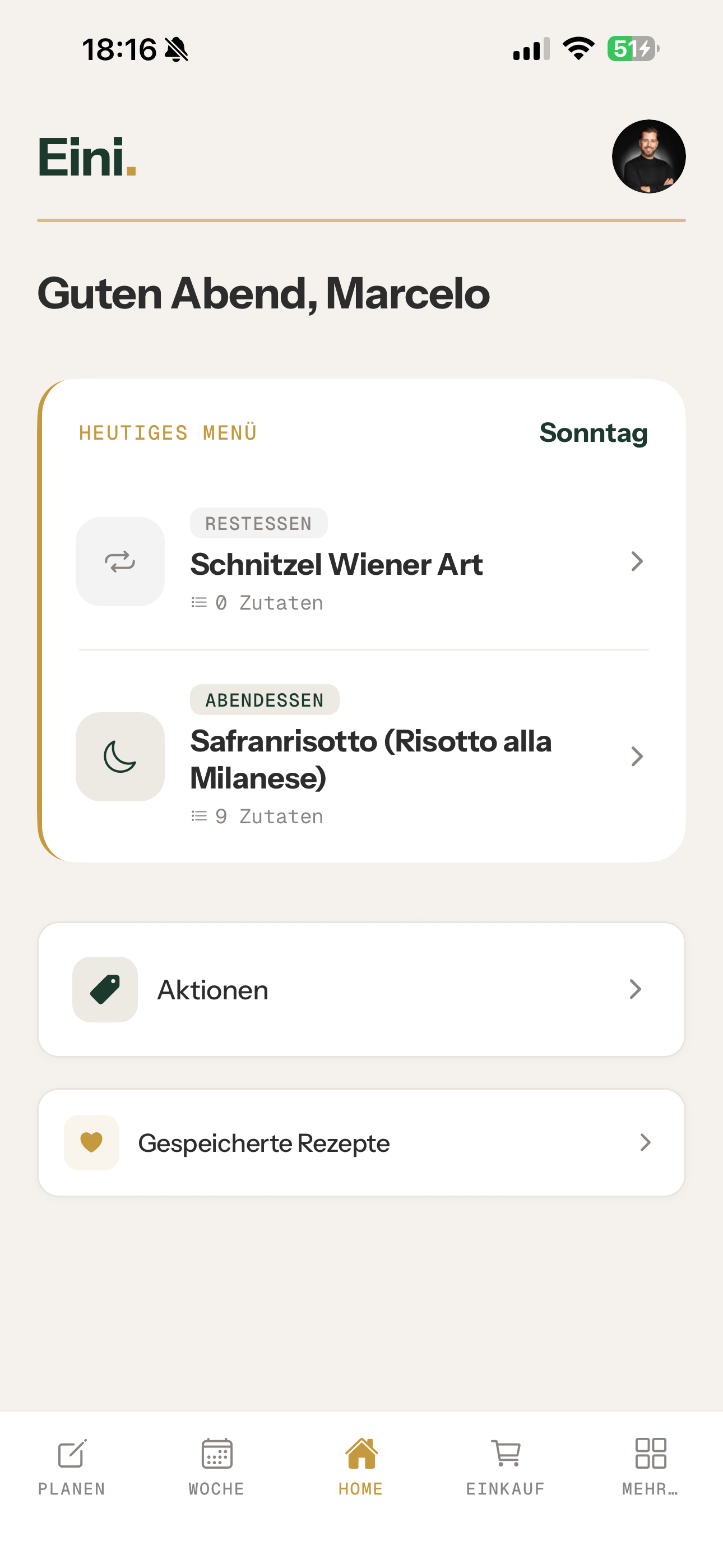 Eini home screen with today's menu