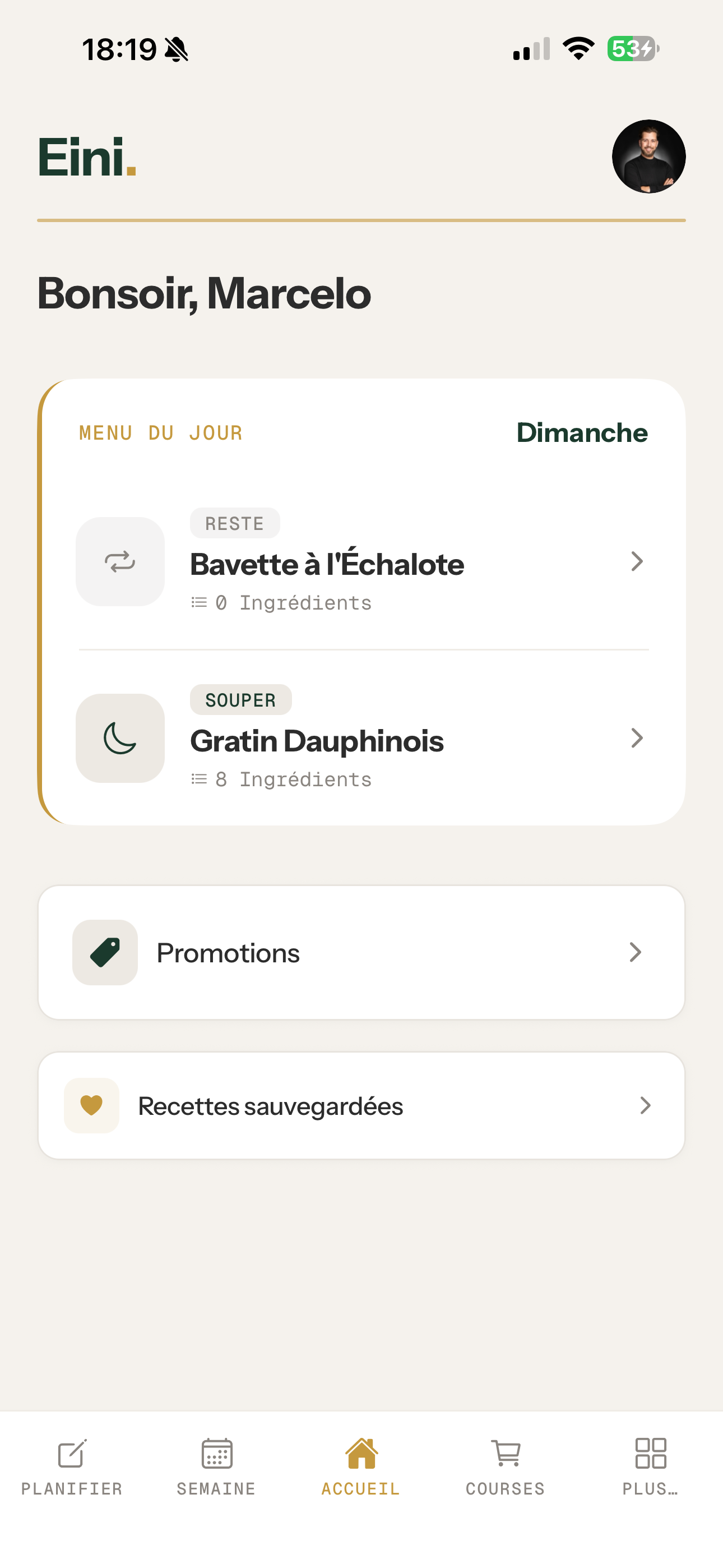Eini home screen with today's menu
