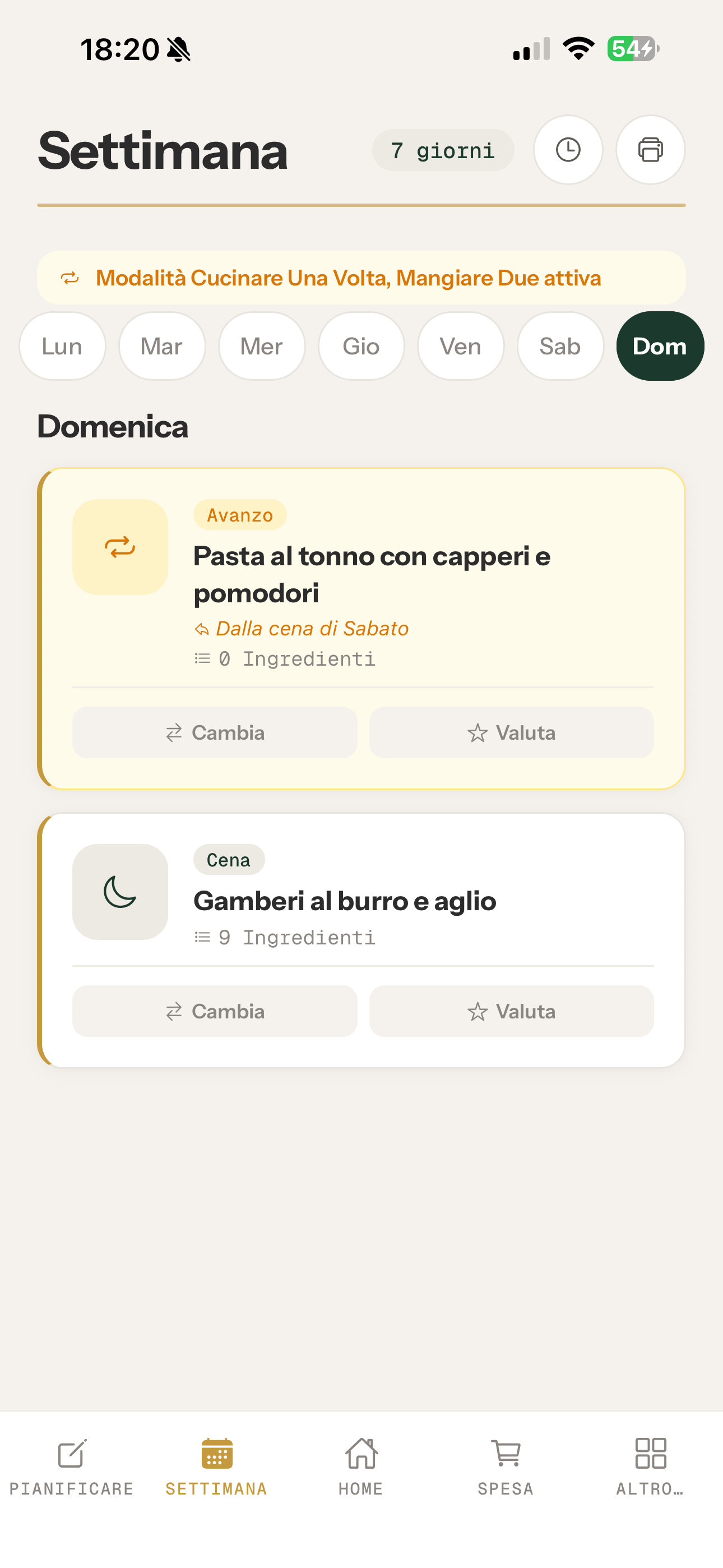 Weekly meal plan screen