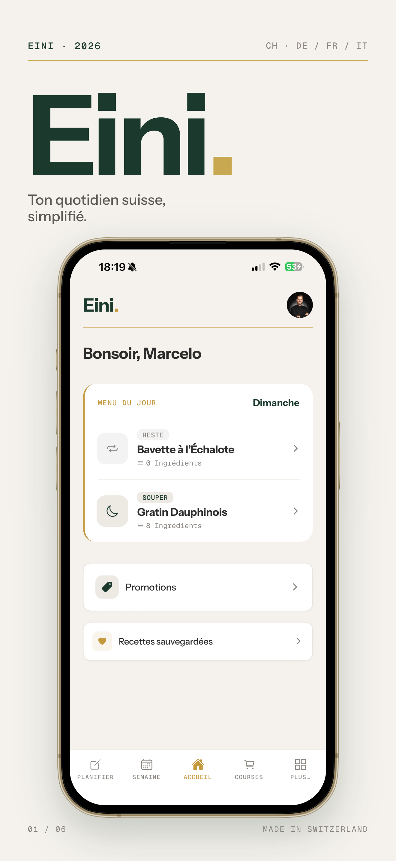 Eini. home screen with today's menu