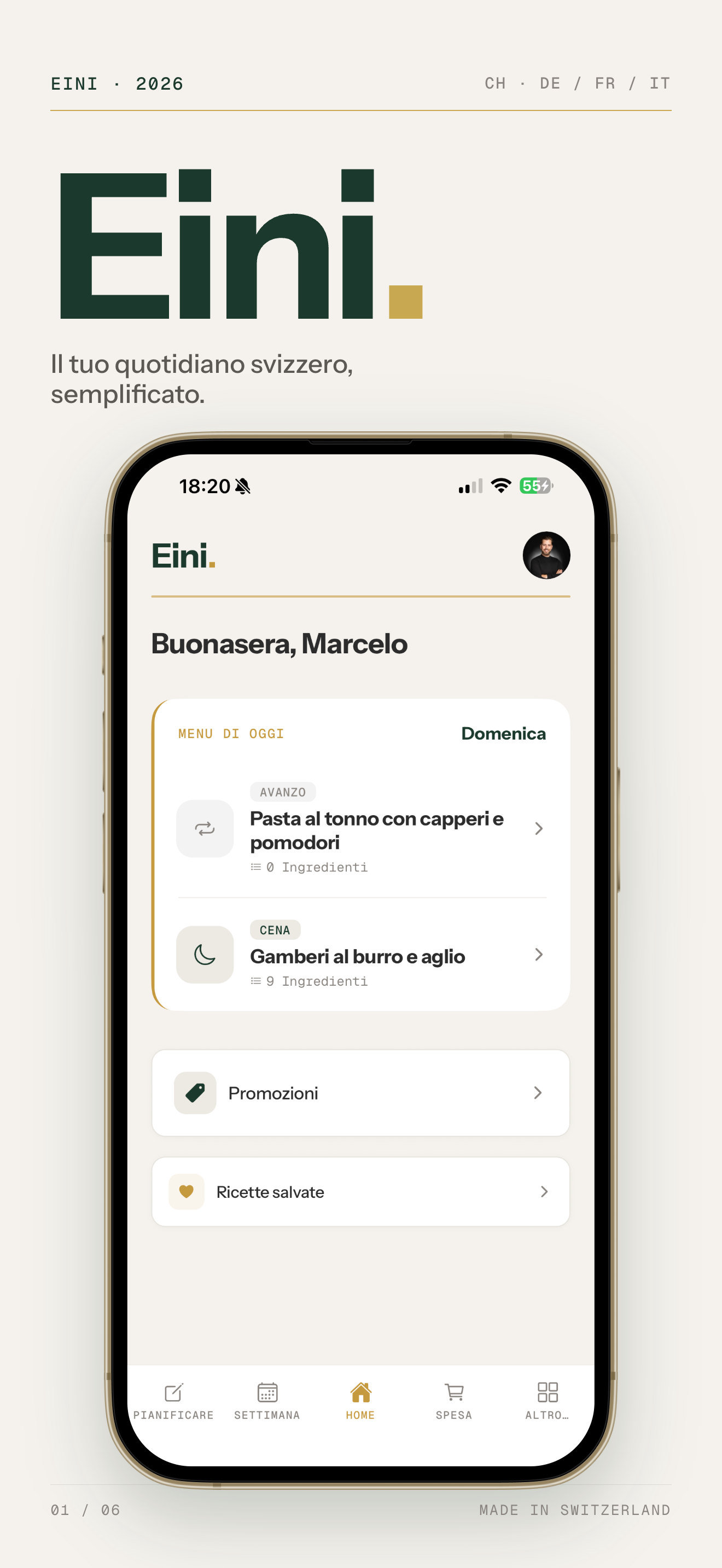 Eini. home screen with today's menu
